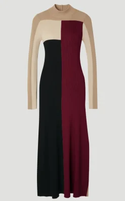 Robe Midi Tricotée à Jupe Évasée en Viscose Fluide à Blocs de Couleurs