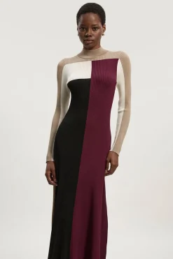 Robe Midi Tricotée à Jupe Évasée en Viscose Fluide à Blocs de Couleurs