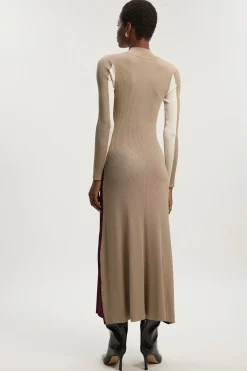 Robe Midi Tricotée à Jupe Évasée en Viscose Fluide à Blocs de Couleurs