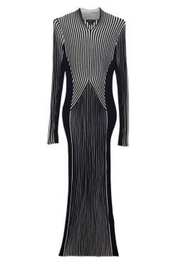 Robe Midi Tricotée à Manches Longues Ajustée à Rayures