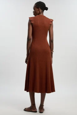 Robe Midi Tricotée À Manches À Volants En Pointelle Petite Taille