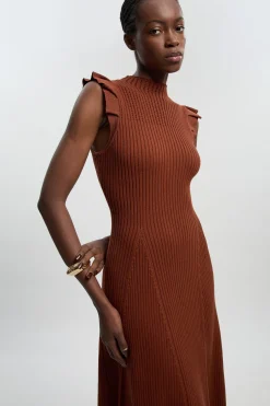Robe Midi Tricotée À Manches À Volants En Pointelle Petite Taille