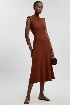 Robe Midi Tricotée À Manches À Volants En Pointelle Petite Taille