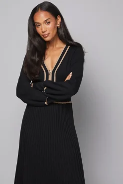 Robe Midi Tricotée Plissée avec Fermeture Éclair Devant