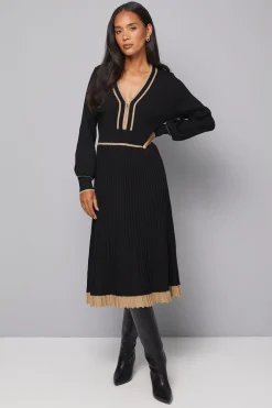 Robe Midi Tricotée Plissée avec Fermeture Éclair Devant