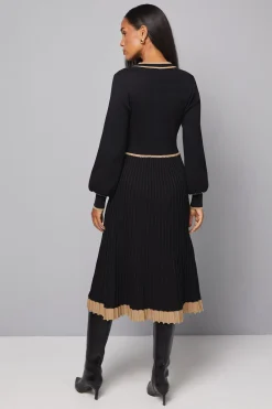 Robe Midi Tricotée Plissée avec Fermeture Éclair Devant