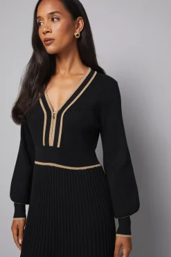Robe Midi Tricotée Plissée avec Fermeture Éclair Devant