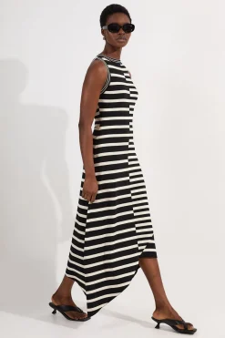 Robe Midi Tricotée Sans Manches à Rayures Asymétriques et Ourlet Irrégulier Tall