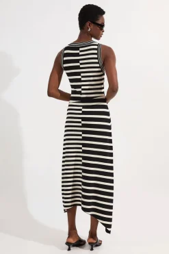 Robe Midi Tricotée Sans Manches à Rayures Asymétriques et Ourlet Irrégulier Tall