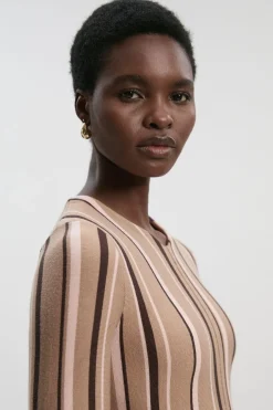 Robe Midi Tricot à Ourlet Asymétrique en Mélange Viscose à Rayures