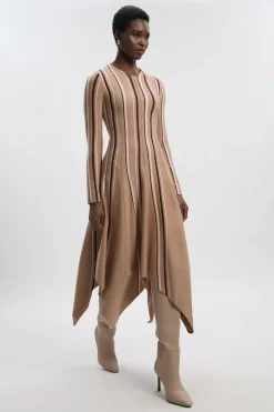 Robe Midi Tricot à Ourlet Asymétrique en Mélange Viscose à Rayures