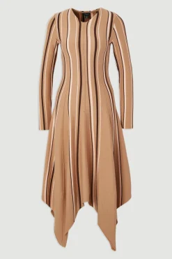 Robe Midi Tricot à Ourlet Asymétrique en Mélange Viscose à Rayures
