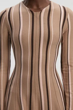 Robe Midi Tricot à Ourlet Asymétrique en Mélange Viscose à Rayures