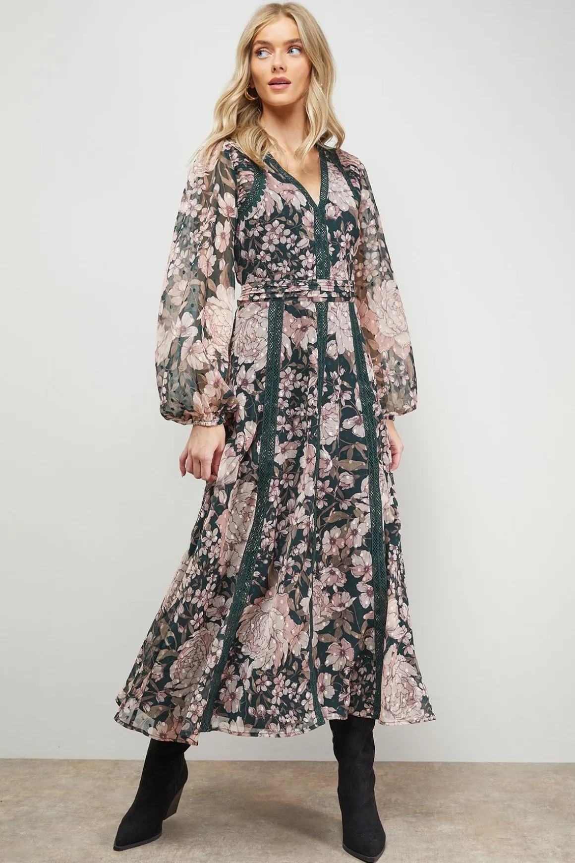 Robe Midi Évasée avec Finitions en Dentelle
