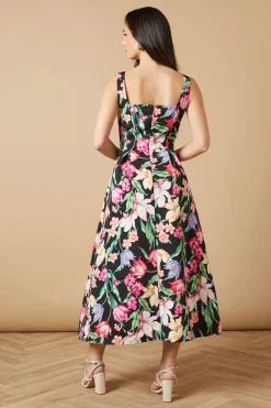 Robe Midi Évasée à Bretelles Imprimé Floral pour Occasion Spéciale