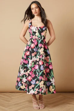 Robe Midi Évasée à Bretelles Imprimé Floral pour Occasion Spéciale