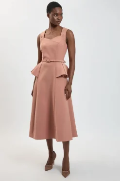 Robe Midi Évasée Cintrée Avec Ceinture Effet Poli