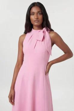 Robe Midi Évasée à Col Nœud Papillon en Tissu Stretch Compact