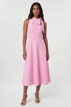 Robe Midi Évasée à Col Nœud Papillon en Tissu Stretch Compact