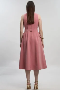 Robe Midi Évasée à Coutures avec Ceinture en Tissu Stretch Compact
