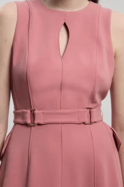 Robe Midi Évasée à Coutures avec Ceinture en Tissu Stretch Compact