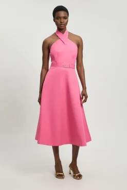 Robe Midi Évasée À Encolure Américaine En Satin De Coton Ajusté Petite