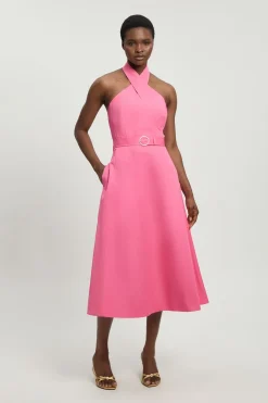 Robe Midi Évasée À Encolure Américaine En Satin De Coton Ajusté Petite