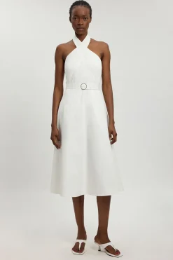 Robe Midi Évasée En Coton Satiné À Col Licou Ajusté