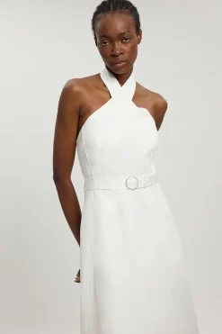 Robe Midi Évasée En Coton Satiné À Col Licou Ajusté
