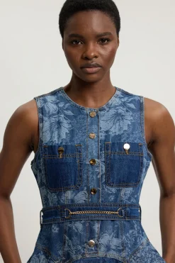 Robe Midi Évasée En Denim Jacquard