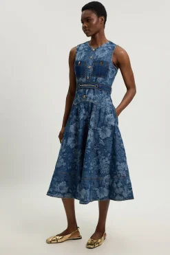 Robe Midi Évasée En Denim Jacquard
