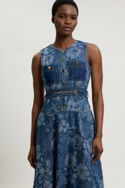 Robe Midi Évasée En Denim Jacquard