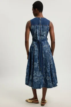 Robe Midi Évasée En Denim Jacquard
