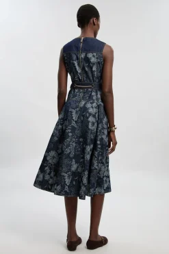 KarenMillen Robe Midi Évasée En Denim Jacquard Petite Taille<Femme Denim|Robes Mi-Longues