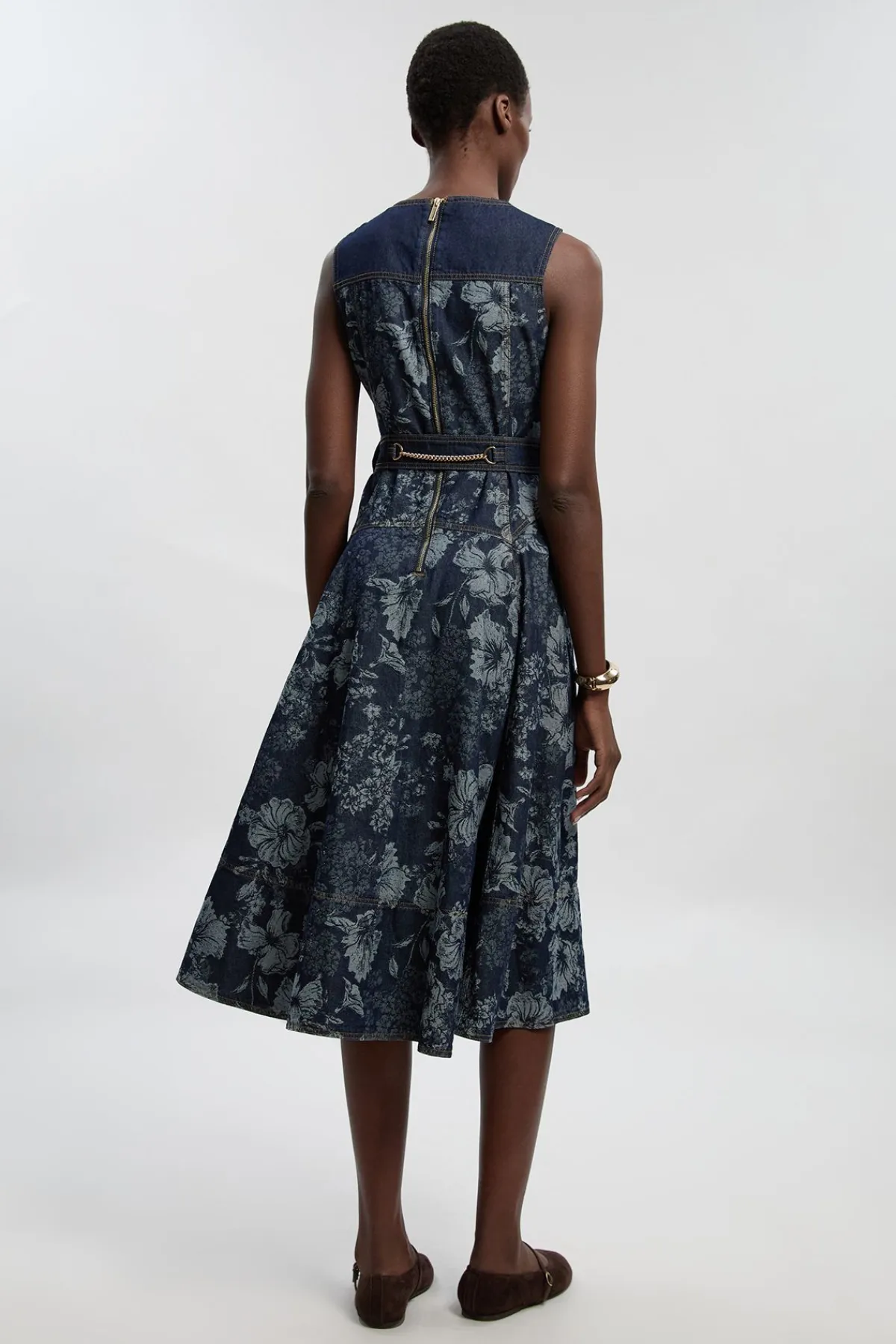 KarenMillen Robe Midi Évasée En Denim Jacquard Petite Taille<Femme Denim|Robes Mi-Longues