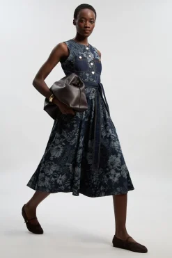 KarenMillen Robe Midi Évasée En Denim Jacquard Petite Taille<Femme Denim|Robes Mi-Longues