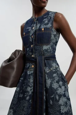 KarenMillen Robe Midi Évasée En Denim Jacquard Petite Taille<Femme Denim|Robes Mi-Longues
