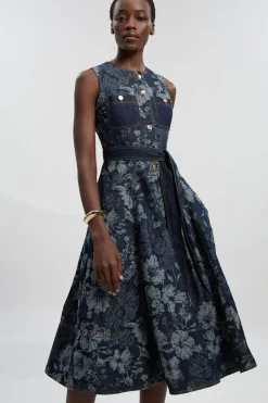 KarenMillen Robe Midi Évasée En Denim Jacquard Petite Taille<Femme Denim|Robes Mi-Longues
