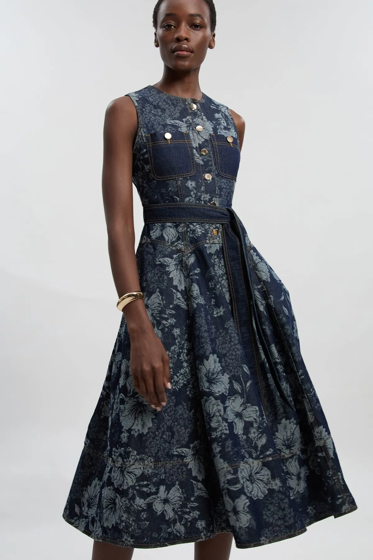KarenMillen Robe Midi Évasée En Denim Jacquard Petite Taille<Femme Denim|Robes Mi-Longues