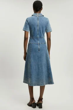 Robe Midi Évasée en Denim à Manches Courtes avec Clous et Ceinture à Nouer