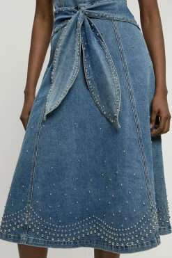 Robe Midi Évasée en Denim à Manches Courtes avec Clous et Ceinture à Nouer