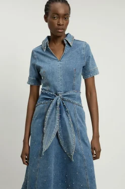 Robe Midi Évasée en Denim à Manches Courtes avec Clous et Ceinture à Nouer