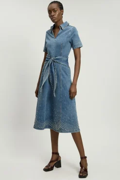 Robe Midi Évasée en Denim à Manches Courtes avec Clous et Ceinture à Nouer