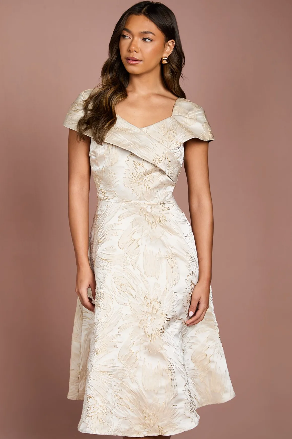 Robe Midi Évasée en Jacquard à Épaules Dénudées