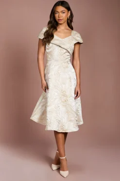 Robe Midi Évasée en Jacquard à Épaules Dénudées