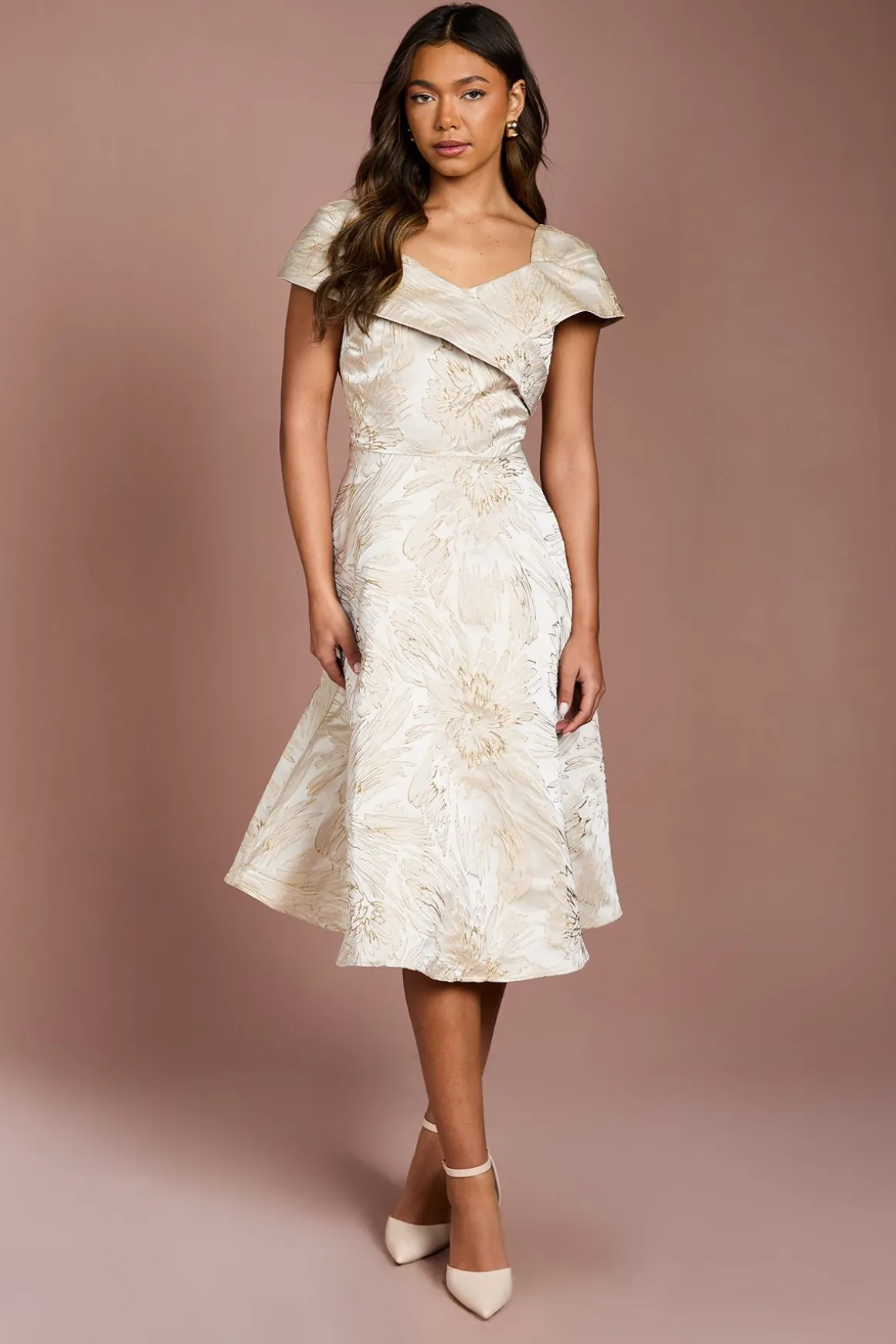 Robe Midi Évasée en Jacquard à Épaules Dénudées