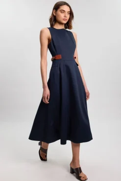 KarenMillen Robe Midi Évasée en Lin Tailleur avec Détail Patte à la Taille<Femme Tailleurs|Toutes Les Robes
