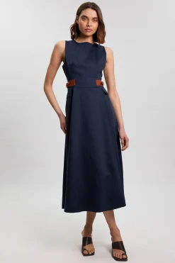 KarenMillen Robe Midi Évasée en Lin Tailleur avec Détail Patte à la Taille<Femme Tailleurs|Toutes Les Robes