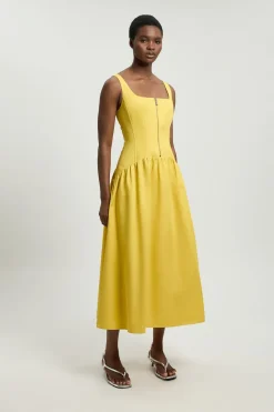 Robe Midi Évasée En Satin De Coton Ajusté