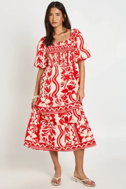 boohoo Robe Midi Évasée À Imprimé Fleuri Petite Avec Manches Volumineuses Et Jupe À Volants Effet Lin<Femme Toutes Les Robes|Robes